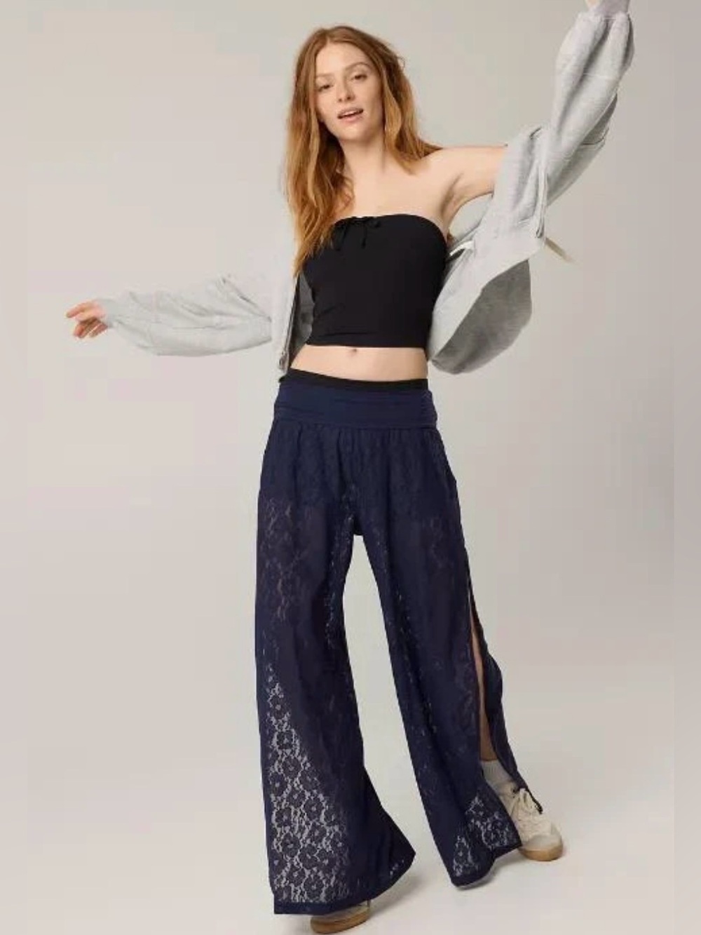NWOT Navy Lace Wide-Leg Split Pant